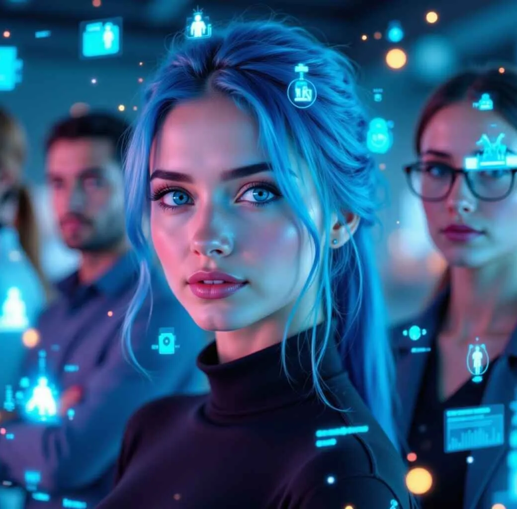 powerful, futuristic illustration symbolizing the battle against chronic disease empowered by AI technology. The scene features a diverse group of people representing various chronic conditions—diabetes, heart disease, and autoimmune disorders—surrounded by glowing digital elements like neural networks, data streams, and AI-driven health monitors. Include AI-powered devices such as smartwatches, continuous glucose monitors, and AI chatbots visually interacting with patients, providing real-time insights and personalized care. The background should blend a high-tech medical environment with human warmth and hope, emphasizing prevention, early detection, and personalized treatment. Use vibrant blues, purples, and greens to evoke innovation, precision, and healing. The style should be modern, optimistic, and dynamic, capturing AI as the new frontline general in the fight for long-term health.